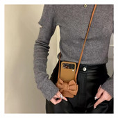 Prabangus korėjietiškas kryžminio kūno odinis raištelių karolių laikiklis Bow rudas dėklas, skirtas Samsung Galaxy Z Flip 3 5G Z Flip3 Zflip3 dangtelis