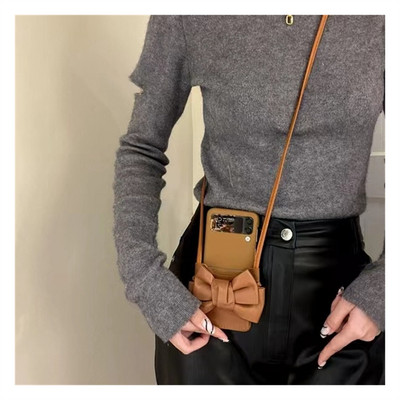 Prabangus korėjietiškas kryžminio kūno odinis raištelių karolių laikiklis Bow rudas dėklas, skirtas Samsung Galaxy Z Flip 3 5G Z Flip3 Zflip3 dangtelis