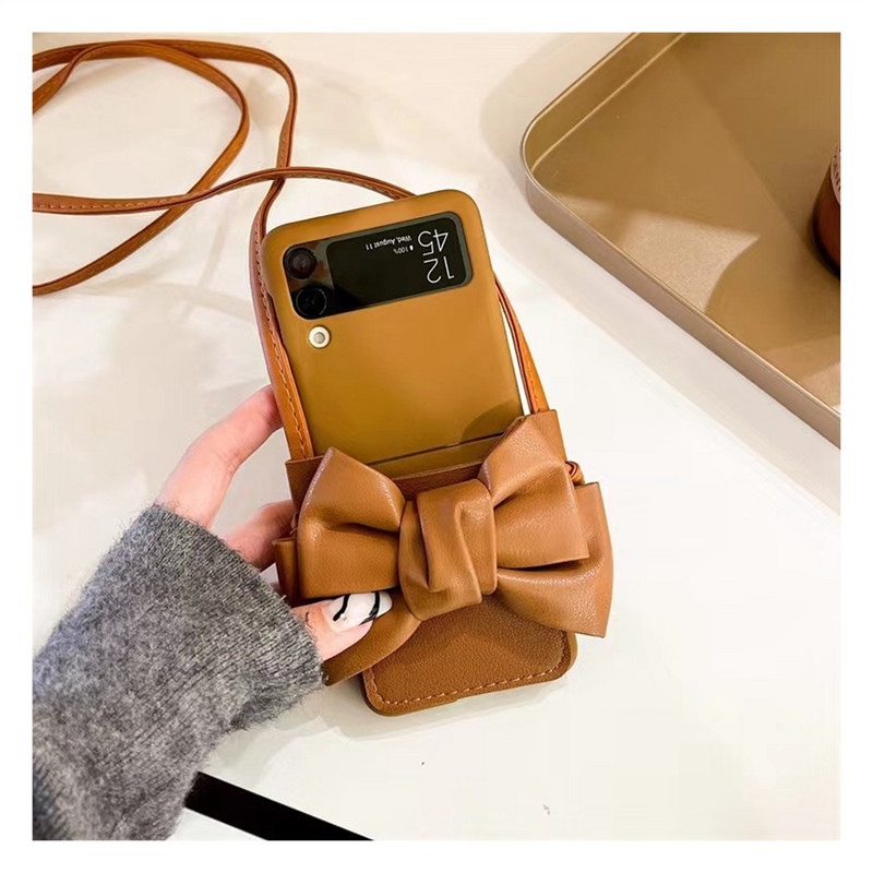 Prabangus korėjietiškas kryžminio kūno odinis raištelių karolių laikiklis Bow rudas dėklas, skirtas Samsung Galaxy Z Flip 3 5G Z Flip3 Zflip3 dangtelis