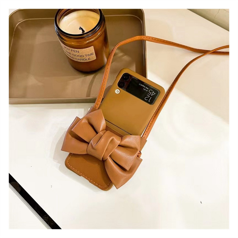 Prabangus korėjietiškas kryžminio kūno odinis raištelių karolių laikiklis Bow rudas dėklas, skirtas Samsung Galaxy Z Flip 3 5G Z Flip3 Zflip3 dangtelis