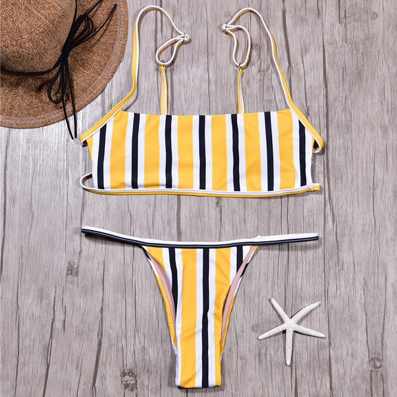 Szexi fehér Micro Thong bikini 2019 Női kötszeres fürdőruha Női brazil fürdőruha Kétrészes bikini szett Csíkos fürdőruha
