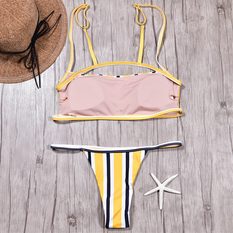 Szexi fehér Micro Thong bikini 2019 Női kötszeres fürdőruha Női brazil fürdőruha Kétrészes bikini szett Csíkos fürdőruha