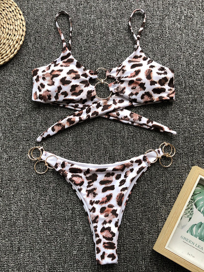 Sexy Metal Rings Leopard Bikini Γυναικεία μαγιό Γυναικεία Brazilian Μαγιό Σετ μπικίνι δύο τεμαχίων Μαγιό μπάνιου Swim Lady