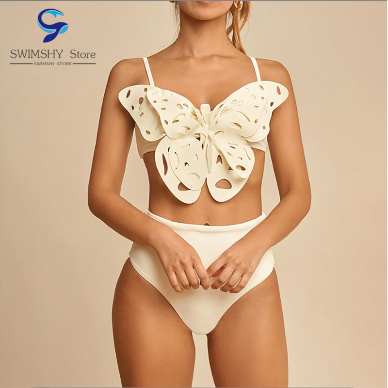 Sexy pevné bikiny set trojrozmerný motýlí top s vysokým pásom plavky dizajnérske plavky s rozdeleným kĺbom ženy dovolenka plážové oblečenie