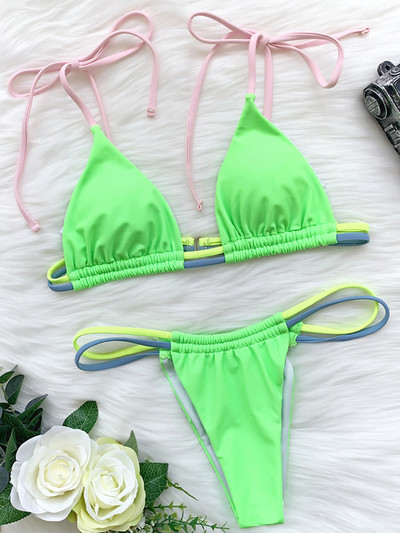 Seksualūs Mini Micro Strong Neon Bikini Moteriški Brazilijos maudymosi kostiumėliai Moteriški maudymosi kostiumėliai Dviejų dalių bikinio rinkinys High Cut maudymosi kostiumėlis maudymosi moteriai