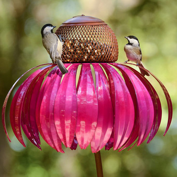 Ροζ Coneflower Bird Feeder Διακόσμηση εξωτερικού χώρου Λουλούδι κήπου Picaflor Wild Bird Feeder Feeding Outside Resistant Rust Art Metal