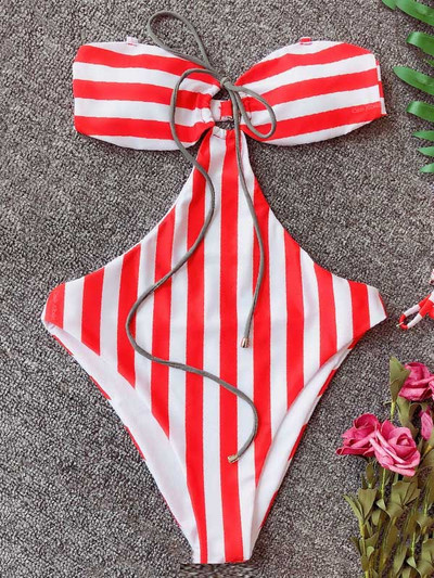 Seksualus pilvo tuščiaviduris dryžuotas bandeau vientisas monokini maudymosi kostiumėlio dizainerio maudymosi kostiumėlis vasaros banglenčių sportui