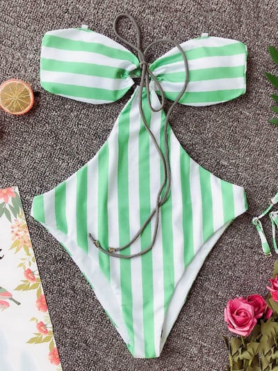 Seksualus pilvo tuščiaviduris dryžuotas bandeau vientisas monokini maudymosi kostiumėlio dizainerio maudymosi kostiumėlis vasaros banglenčių sportui