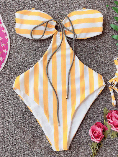 Seksualus pilvo tuščiaviduris dryžuotas bandeau vientisas monokini maudymosi kostiumėlio dizainerio maudymosi kostiumėlis vasaros banglenčių sportui