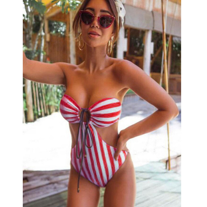 Seksualus pilvo tuščiaviduris dryžuotas bandeau vientisas monokini maudymosi kostiumėlio dizainerio maudymosi kostiumėlis vasaros banglenčių sportui