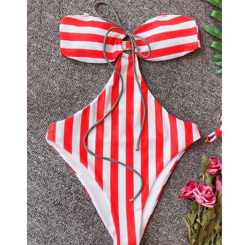Seksualus pilvo tuščiaviduris dryžuotas bandeau vientisas monokini maudymosi kostiumėlio dizainerio maudymosi kostiumėlis vasaros banglenčių sportui