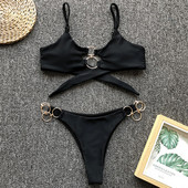 Nou 2021 Inele metalice Bikini leopard Femei Cross Bandeau Costum de baie Femei Brazilian Costum de baie Două piese Set bikini Costum de baie