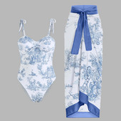 Moteriškas retro stiliaus maudymosi kostiumėlis su sijonu atostogų paplūdimio suknelių dizainerio maudymosi kostiumėlis mėlynai margintas vasaros banglenčių kostiumas
