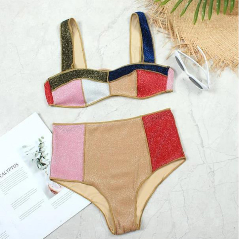 Női kétrészes bikini, színes, blokk magas derekú fürdőruha Push Up külön bandeau háromszög Vintage fürdőruha úszó