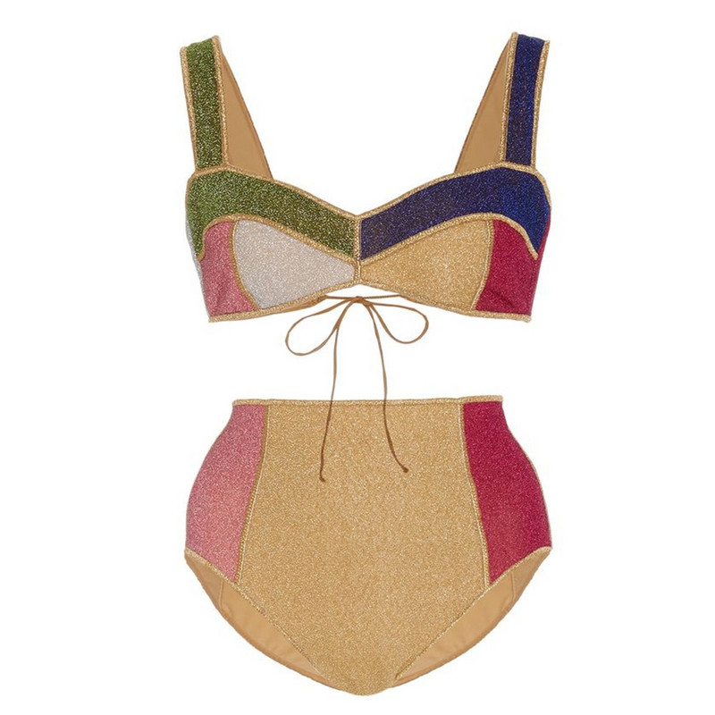 Női kétrészes bikini, színes, blokk magas derekú fürdőruha Push Up külön bandeau háromszög Vintage fürdőruha úszó