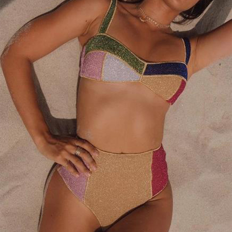 Női kétrészes bikini, színes, blokk magas derekú fürdőruha Push Up külön bandeau háromszög Vintage fürdőruha úszó