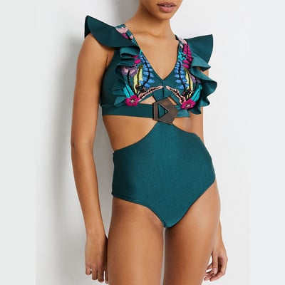 Fodros V-nyakú mintás, szexi, üreges, egyrészes bikini, hát nélküli pántos, elegáns strandruha, magas derekú, kivágott, hát nélküli medenceruha, női 2022-es