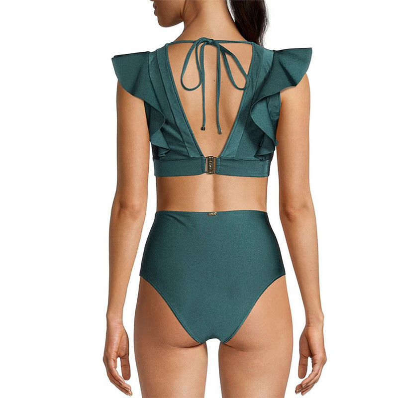 Fodros V-nyakú mintás, szexi, üreges, egyrészes bikini, hát nélküli pántos, elegáns strandruha, magas derekú, kivágott, hát nélküli medenceruha, női 2022-es