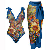 Moterų maudymosi kostiumėlių senovinis abstrakčiojo rašto bikinio rinkinys vientisas maudymosi kostiumėlis su Cover Up Deep-v paplūdimio apranga Vasariniai maudymosi kostiumėliai