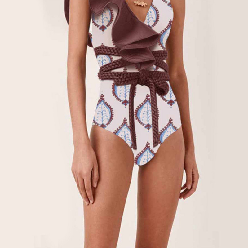 Ruffed Colorblock Print maudymosi kostiumėlis Asimetriškas atostogų paplūdimio drabužių dizainerio maudymosi kostiumėlis vasaros banglenčių sportui