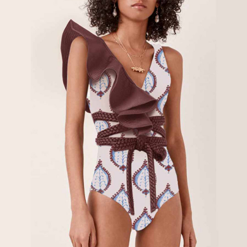 Ruffed Colorblock Print maudymosi kostiumėlis Asimetriškas atostogų paplūdimio drabužių dizainerio maudymosi kostiumėlis vasaros banglenčių sportui