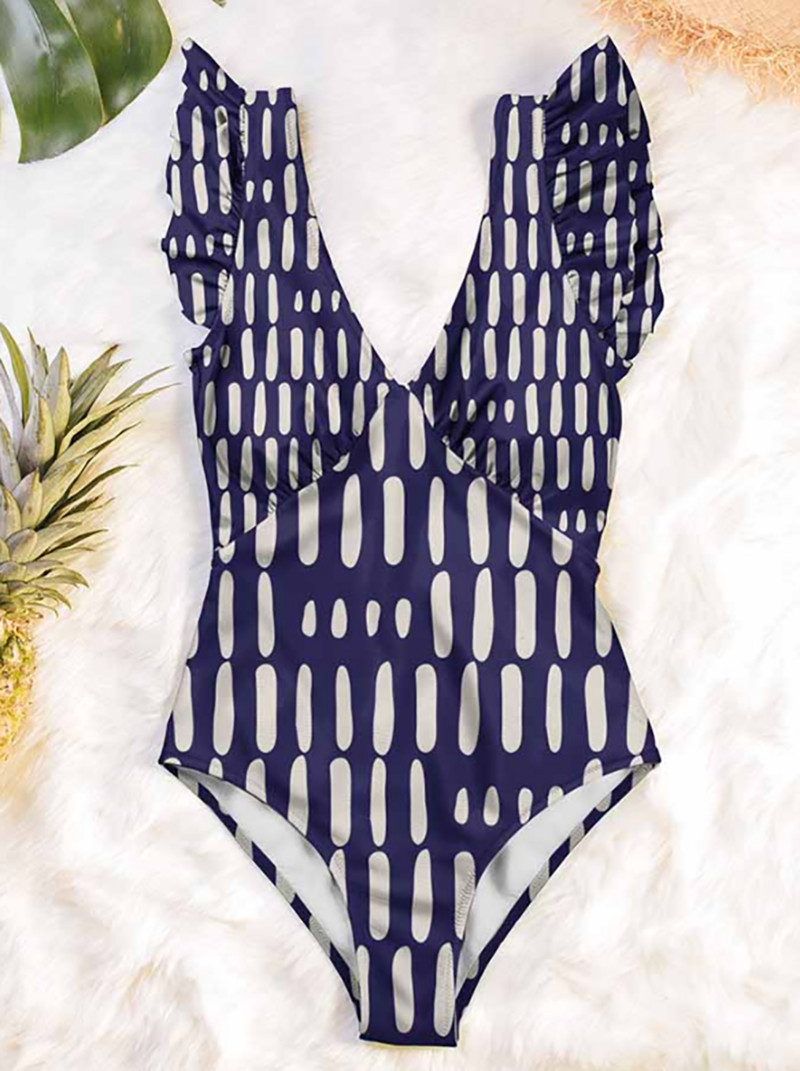 Imprimeu în dungi Volană Decolteu în V Bikini sexy cu talie înaltă Costum de baie subțire dintr-o bucată Imbracaminte de plajă la modă Push-Ups Cusături fără cusături 2022