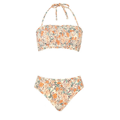 CUPSHE Tie Back Bandeau Mid Waist Bikini komplektai Moteriški maudymosi kostiumėliai Seksualūs smocked dviejų dalių paplūdimio drabužiai 2023 m. maudymosi kostiumėliai maudymosi kostiumėliai