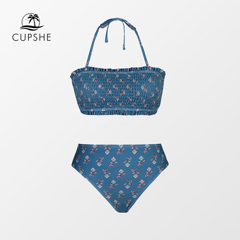 CUPSHE Tie Back Bandeau Mid Waist Bikini komplektai Moteriški maudymosi kostiumėliai Seksualūs smocked dviejų dalių paplūdimio drabužiai 2023 m. maudymosi kostiumėliai maudymosi kostiumėliai