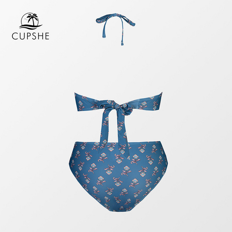 CUPSHE Tie Back Bandeau Mid Waist Bikini komplektai Moteriški maudymosi kostiumėliai Seksualūs smocked dviejų dalių paplūdimio drabužiai 2023 m. maudymosi kostiumėliai maudymosi kostiumėliai
