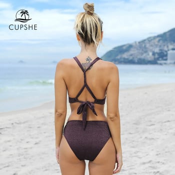 CUPSHE Γυαλιστερό Lace Up Back Mid Waist Σετ μπικίνι Γυναικείο σέξι λαιμόκοψη με λαιμόκοψη δύο τεμαχίων Μαγιό 2023