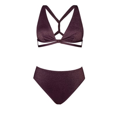 CUPSHE Γυαλιστερό Lace Up Back Mid Waist Σετ μπικίνι Γυναικείο σέξι λαιμόκοψη με λαιμόκοψη δύο τεμαχίων Μαγιό 2023