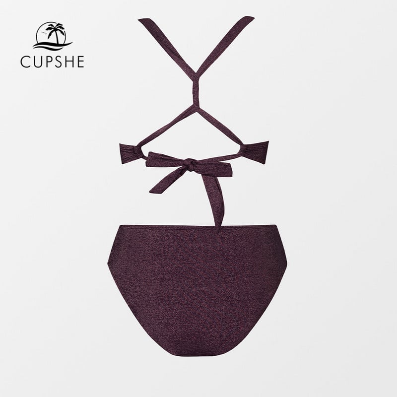 CUPSHE Γυαλιστερό Lace Up Back Mid Waist Σετ μπικίνι Γυναικείο σέξι λαιμόκοψη με λαιμόκοψη δύο τεμαχίων Μαγιό 2023