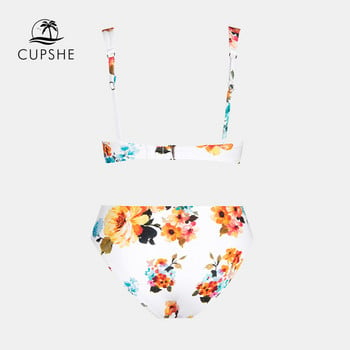 CUPSHE Cut Out Mid Waist Σετ μπικίνι Γυναικεία Λευκό φλοράλ σέξι λαιμόκοψη σε V δύο τεμάχια Μαγιό 2023