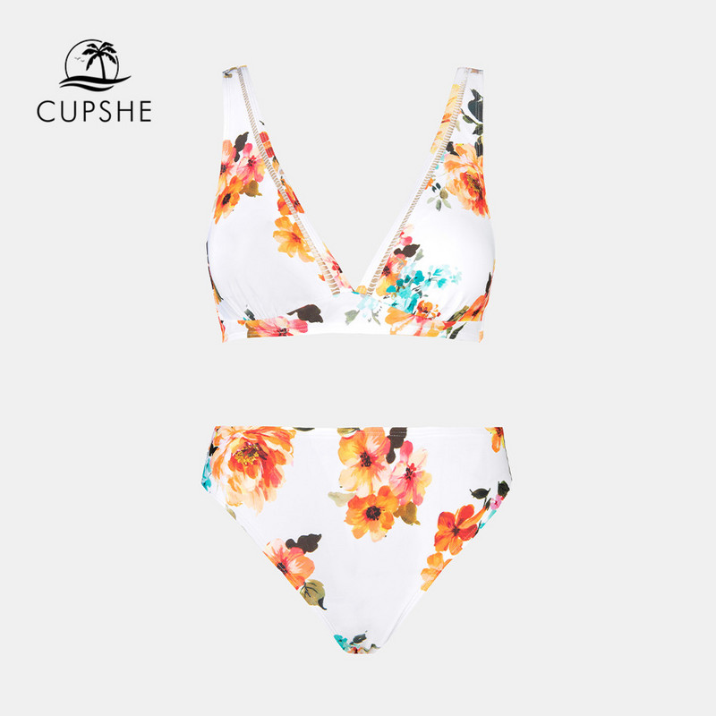 CUPSHE iškirpti vidurio juosmens bikinio rinkiniai maudymosi kostiumėlis moterims baltas gėlėtas seksualus V formos iškirptė dviejų dalių paplūdimio apranga 2023 m. maudymosi kostiumėlis maudymosi kostiumėlis