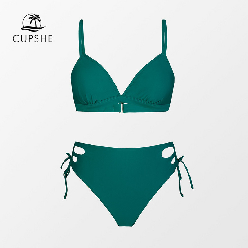 CUPSHE žalias raišteliu surišamas bikinio komplektas su vidurio juosmens maudymosi kostiumėliu moterims Seksualūs iškirpti dviejų dalių paplūdimio drabužiai 2023 m. maudymosi kostiumėlis