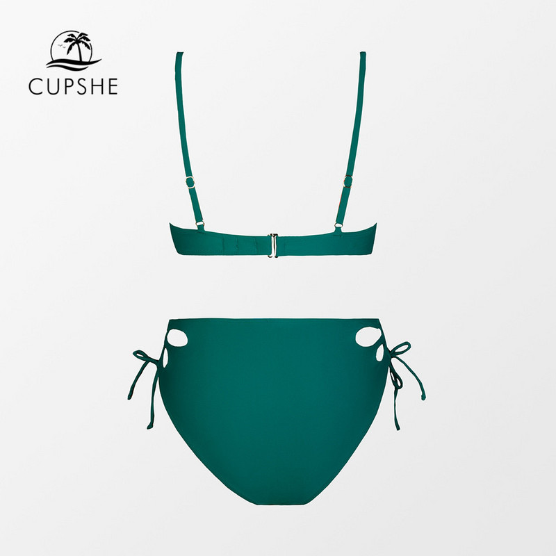 CUPSHE žalias raišteliu surišamas bikinio komplektas su vidurio juosmens maudymosi kostiumėliu moterims Seksualūs iškirpti dviejų dalių paplūdimio drabužiai 2023 m. maudymosi kostiumėlis