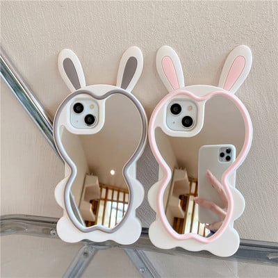 Θήκη 3D σιλικόνης Cute Rabbit Ears για iphone 14 13 12 11 Pro XS Max XR 6 7 8 Plus SE luxury Υψηλής ποιότητας μακιγιάζ για κορίτσια Φιλμ καθρέφτη