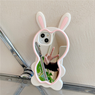 Mielas triušio ausų silikoninis 3D dėklas, skirtas iPhone 14 13 12 11 Pro XS Max XR 6 7 8 Plus SE prabangus Aukštos kokybės mergaičių makiažas Veidrodinė plėvelė