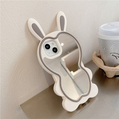 Mielas triušio ausų silikoninis 3D dėklas, skirtas iPhone 14 13 12 11 Pro XS Max XR 6 7 8 Plus SE prabangus Aukštos kokybės mergaičių makiažas Veidrodinė plėvelė