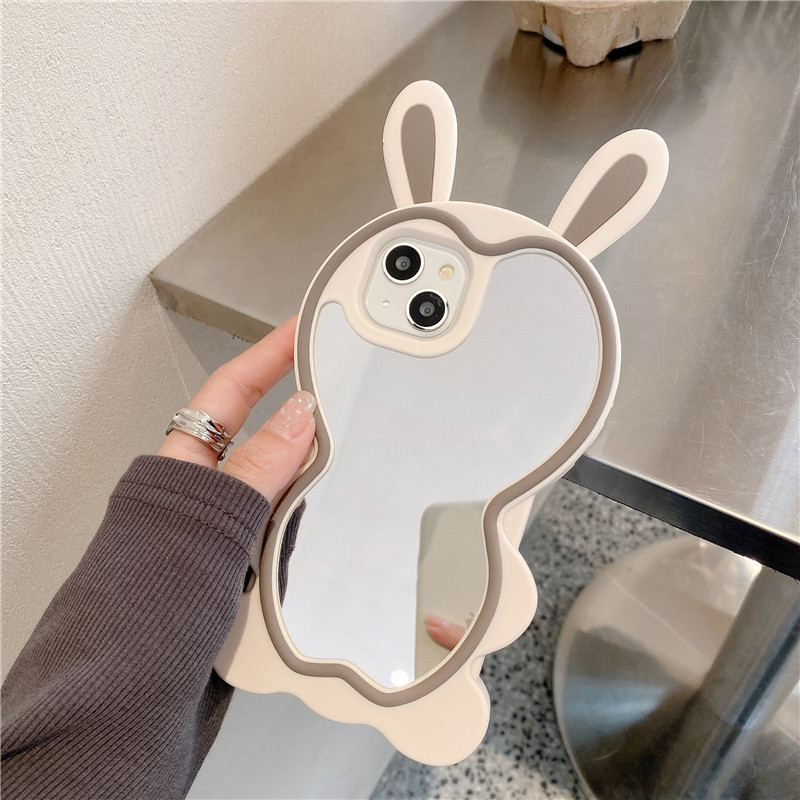 Mielas triušio ausų silikoninis 3D dėklas, skirtas iPhone 14 13 12 11 Pro XS Max XR 6 7 8 Plus SE prabangus Aukštos kokybės mergaičių makiažas Veidrodinė plėvelė