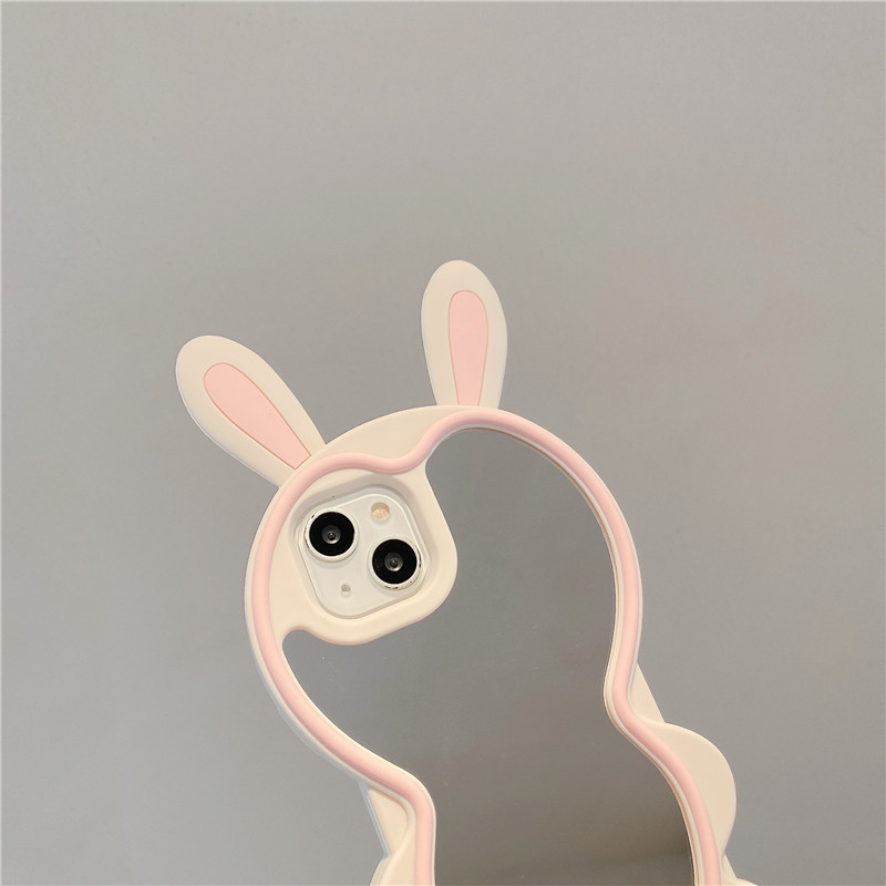 Mielas triušio ausų silikoninis 3D dėklas, skirtas iPhone 14 13 12 11 Pro XS Max XR 6 7 8 Plus SE prabangus Aukštos kokybės mergaičių makiažas Veidrodinė plėvelė
