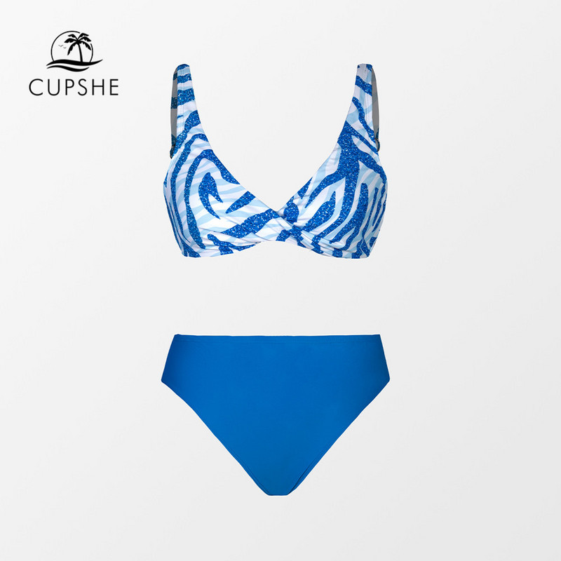 CUPSHE Blue Zebra Print Twist Mid Waist bikini rinkiniai maudymosi kostiumėliai moterims Seksualūs dviejų dalių paplūdimio drabužiai 2023 m. maudymosi kostiumėlis maudymosi kostiumėlis