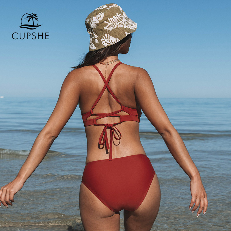 CUPSHE hátsó nyakkendő derékközép bikini szett női fürdőruha bordó szexi V-nyakú kétrészes strandruha 2023 fürdőruha fürdőruha