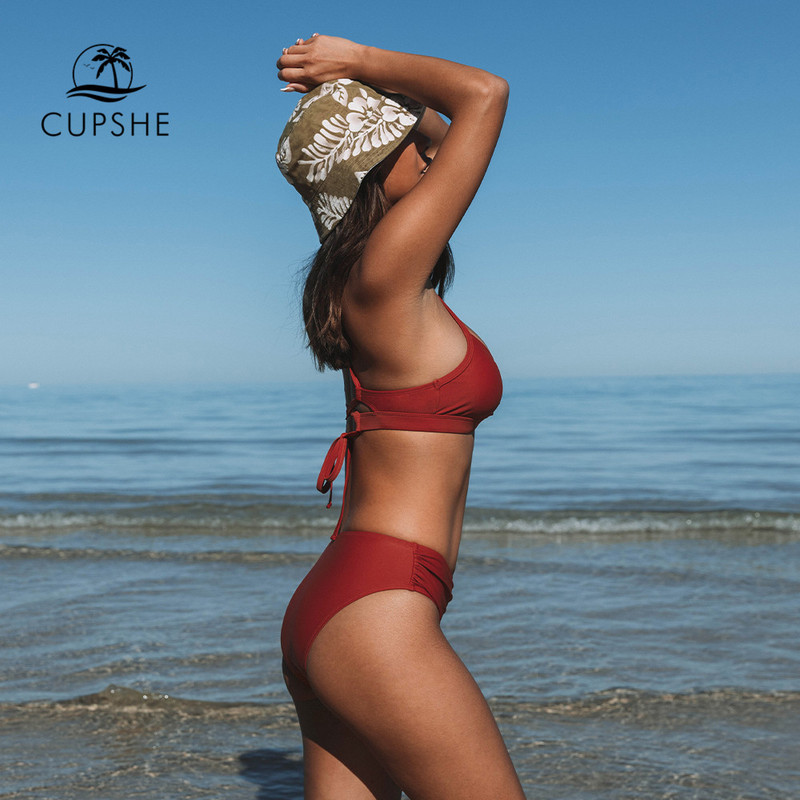 CUPSHE hátsó nyakkendő derékközép bikini szett női fürdőruha bordó szexi V-nyakú kétrészes strandruha 2023 fürdőruha fürdőruha