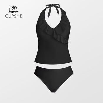 CUPSHE Black Halter Tankini στη μέση της μέσης μαγιό για γυναίκες Σέξι μπικίνι με λαιμόκοψη V σετ δύο τεμαχίων Μαγιό 2023