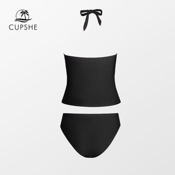 CUPSHE Black Halter Tankini στη μέση της μέσης μαγιό για γυναίκες Σέξι μπικίνι με λαιμόκοψη V σετ δύο τεμαχίων Μαγιό 2023