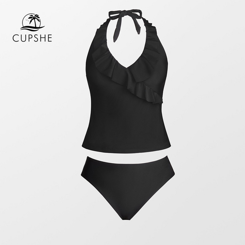 CUPSHE Black Halter Mid Waist Tankini maudymosi kostiumėlis moterims Seksualus V formos iškirptės raukšlėtas bikinio rinkinys, dviejų dalių maudymosi kostiumėlis, 2023 m.