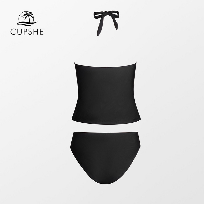 CUPSHE Black Halter Mid Waist Tankini maudymosi kostiumėlis moterims Seksualus V formos iškirptės raukšlėtas bikinio rinkinys, dviejų dalių maudymosi kostiumėlis, 2023 m.