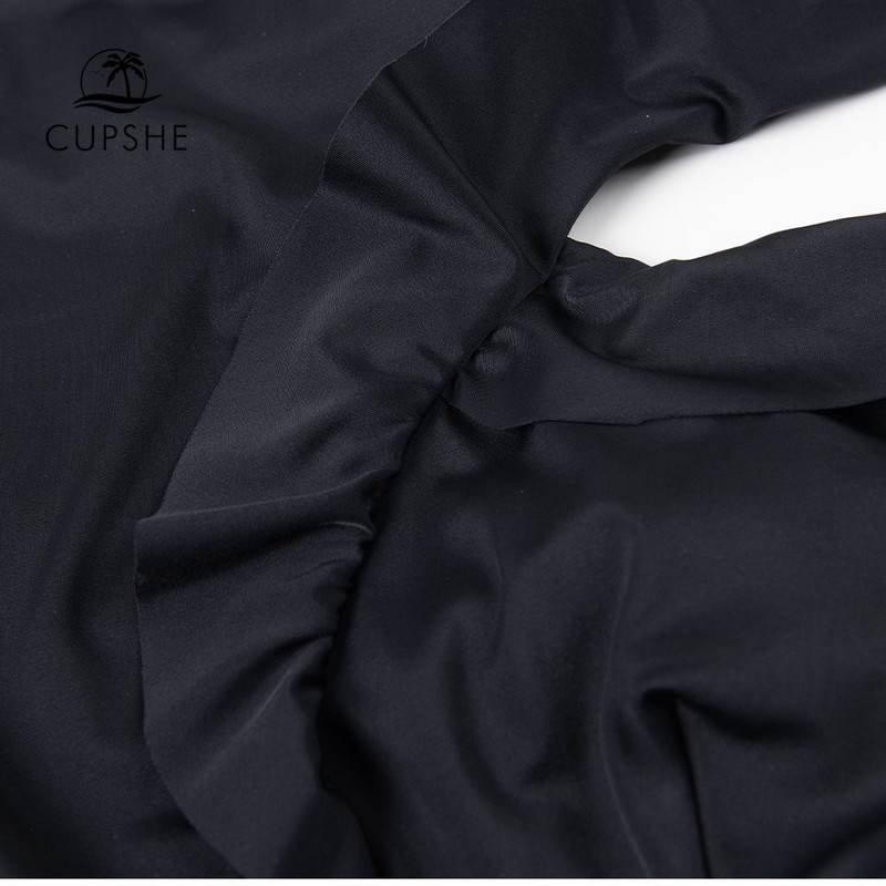 CUPSHE Black Halter Mid Waist Tankini maudymosi kostiumėlis moterims Seksualus V formos iškirptės raukšlėtas bikinio rinkinys, dviejų dalių maudymosi kostiumėlis, 2023 m.