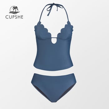 CUPSHE Scalloped Mid Waist Tankini Γυναικείο Μαγιό Μπλε σέξι Halter Σετ μπικίνι με πλάτη δύο τεμάχια Μαγιό 2023